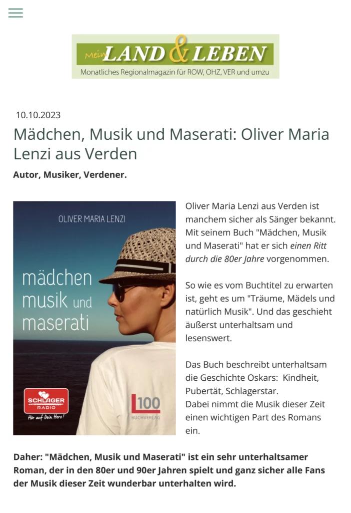 NEWSPAPER: Mädchen, Musik und Maserati -Oliver Maria Lenzi aus Verden