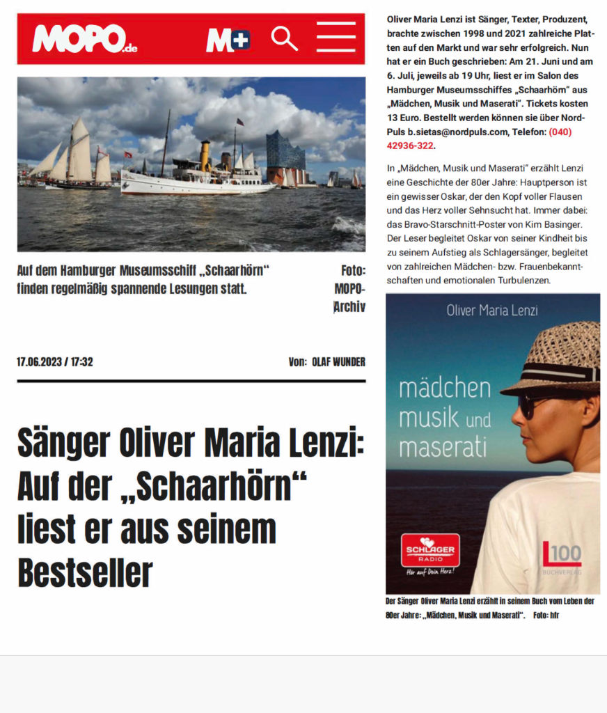 NEWSPAPER: Sänger Oliver Maria Lenzi liest auf der SCHAARHÖRN aus seinem Bestseller