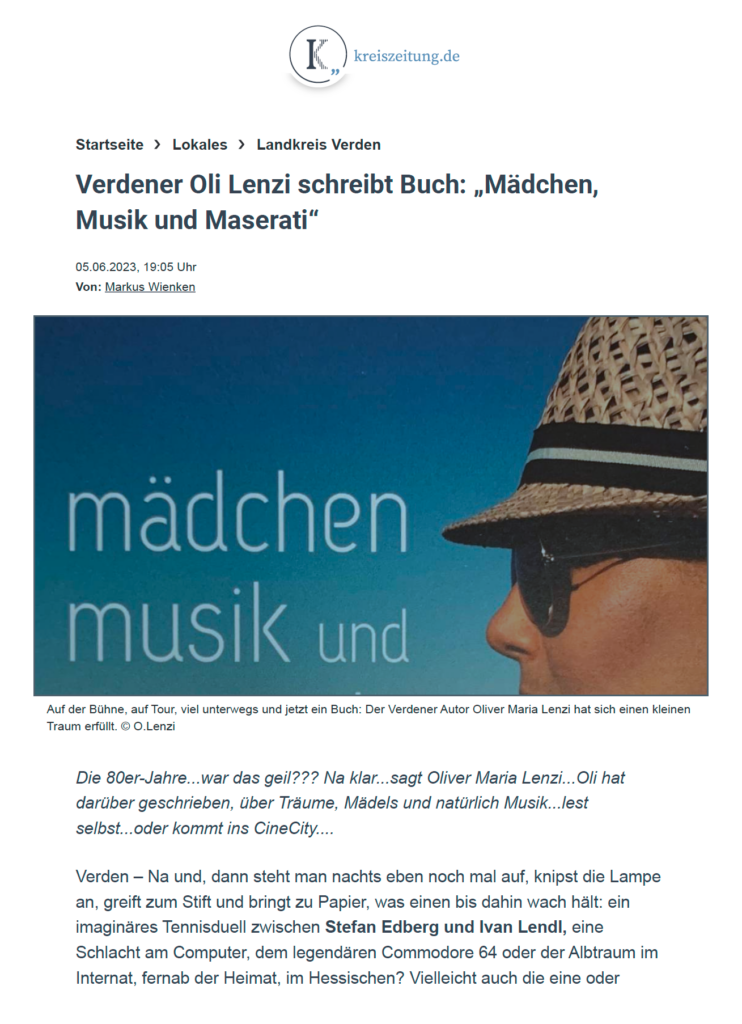 NEWSPAPER: Kreiszeitung.de - Verdener Oliver Maria Lenzi-schreibt Buch maedchen, musik und maserati